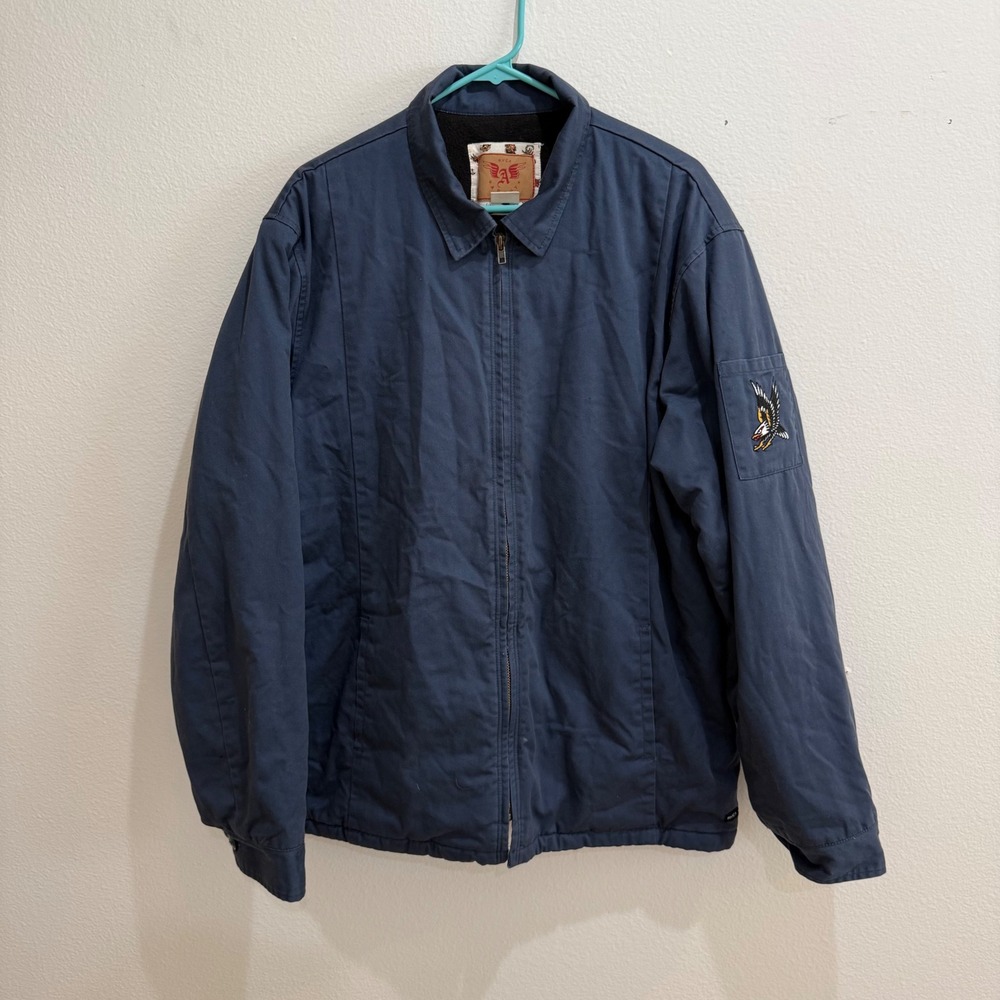 RVCA Archy Mens XL Navy Blue Fleece Lined Work Jacket Eagle Patch Zip Up